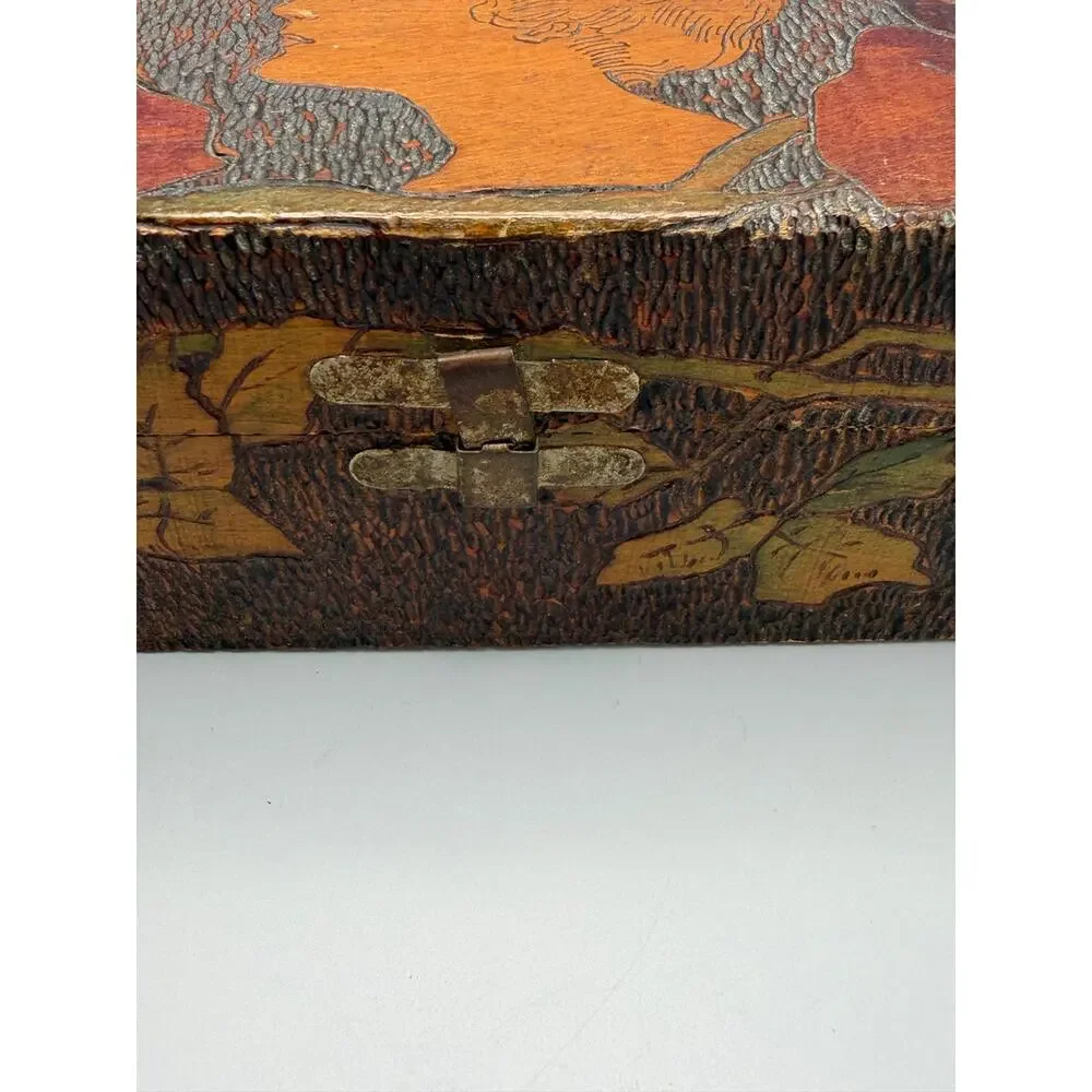 Vintage Pyrography Wood Box Art Nouveau Lady Portrait Floral Glove/Trinket Box